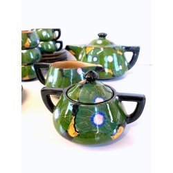 ANTICO SERVIZIO Te CAFFè 6 Pers. ART DECO' CERAMICHE Ribassanelli ROMA VERDE '30