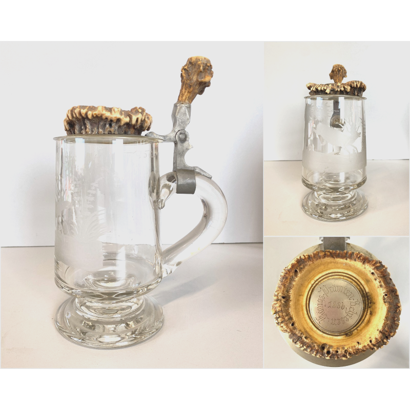 ANTICO BOCCALE BIRRA Jug Hunting VETRO con COPERCHIO METALLO DECORO INCISO 1886
