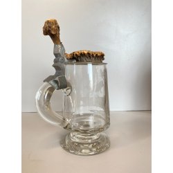 ANTICO BOCCALE BIRRA Jug Hunting VETRO con COPERCHIO METALLO DECORO INCISO 1886