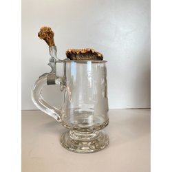 ANTICO BOCCALE BIRRA Jug Hunting VETRO con COPERCHIO METALLO DECORO INCISO 1886