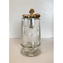 ANTICO BOCCALE BIRRA Jug Hunting VETRO con COPERCHIO METALLO DECORO INCISO 1886