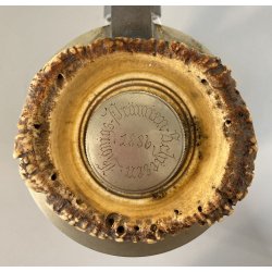 ANTICO BOCCALE BIRRA Jug Hunting VETRO con COPERCHIO METALLO DECORO INCISO 1886