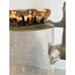 ANTICO BOCCALE BIRRA Jug Hunting VETRO con COPERCHIO METALLO DECORO INCISO 1886