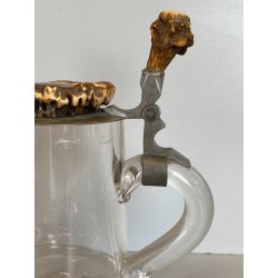 ANTICO BOCCALE BIRRA Jug Hunting VETRO con COPERCHIO METALLO DECORO INCISO 1886