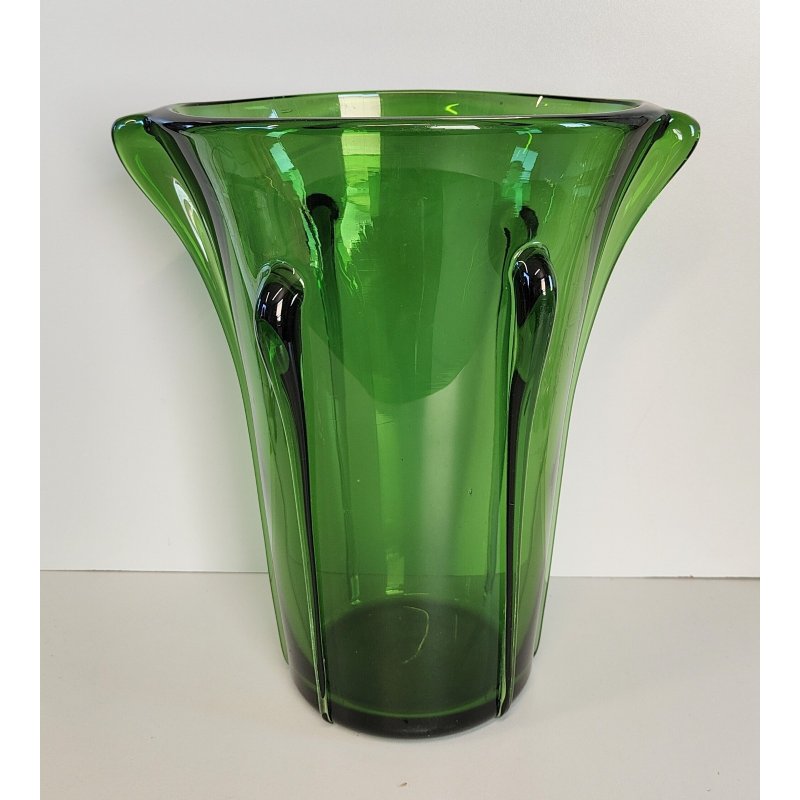 GRANDE VASO VERDE di EMPOLI anni 50 TRONCO-CONICO VETRO SOFFIATO GOCCE Murano