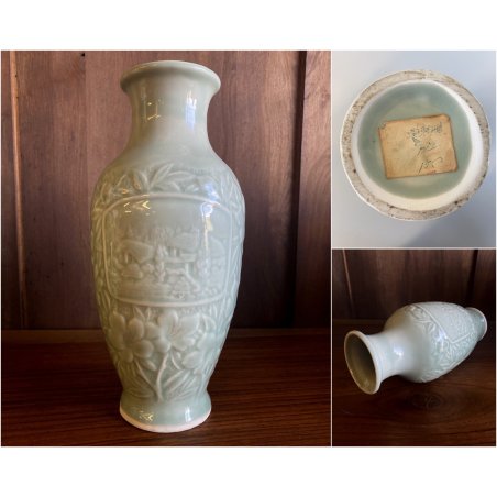 VASO PORCELLANA CINESE MONOCROMA CELADON DECORO RILIEVO FIORI PAESAGGIO XX sec