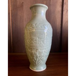 VASO PORCELLANA CINESE MONOCROMA CELADON DECORO RILIEVO FIORI PAESAGGIO XX sec