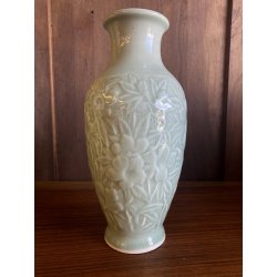 VASO PORCELLANA CINESE MONOCROMA CELADON DECORO RILIEVO FIORI PAESAGGIO XX sec