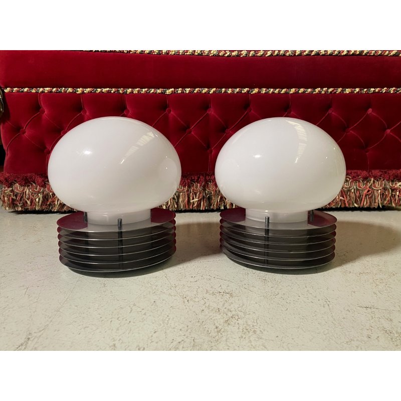 COPPIA ABATJOUR LAMPADA DESIGN E. Tronconi  ACCIAIO VETRO MURANO ø20x23cm/h '70