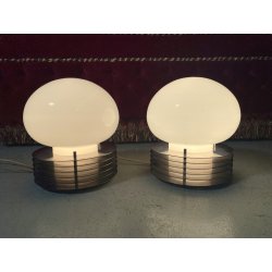 COPPIA ABATJOUR LAMPADA DESIGN E. Tronconi  ACCIAIO VETRO MURANO ø20x23cm/h '70