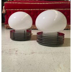 COPPIA ABATJOUR LAMPADA DESIGN E. Tronconi  ACCIAIO VETRO MURANO ø20x23cm/h '70