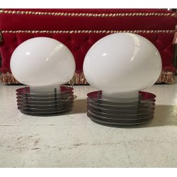 COPPIA ABATJOUR LAMPADA DESIGN E. Tronconi  ACCIAIO VETRO MURANO ø20x23cm/h '70