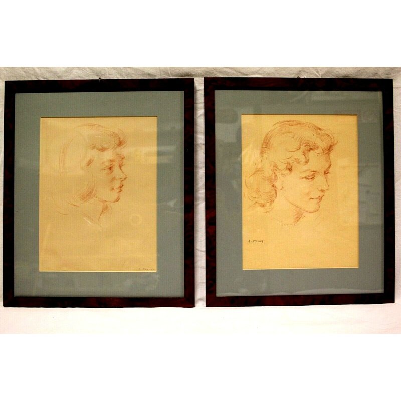 COPPIA QUADRI A. Advier RITRATTI VOLTO DONNA ANNI 30/40 SANGUIGNA CORNICE RADICA
