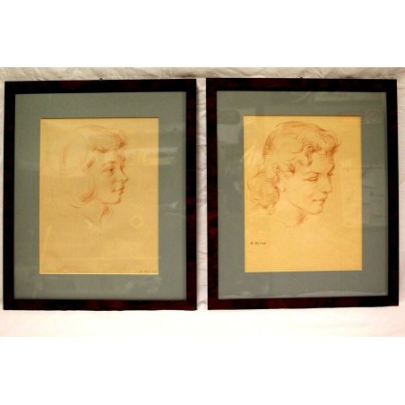 COPPIA QUADRI A. Advier RITRATTI VOLTO DONNA ANNI 30/40 SANGUIGNA CORNICE RADICA