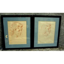 COPPIA QUADRI A. Advier RITRATTI VOLTO DONNA ANNI 30/40 SANGUIGNA CORNICE RADICA