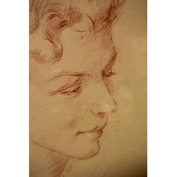 COPPIA QUADRI A. Advier RITRATTI VOLTO DONNA ANNI 30/40 SANGUIGNA CORNICE RADICA