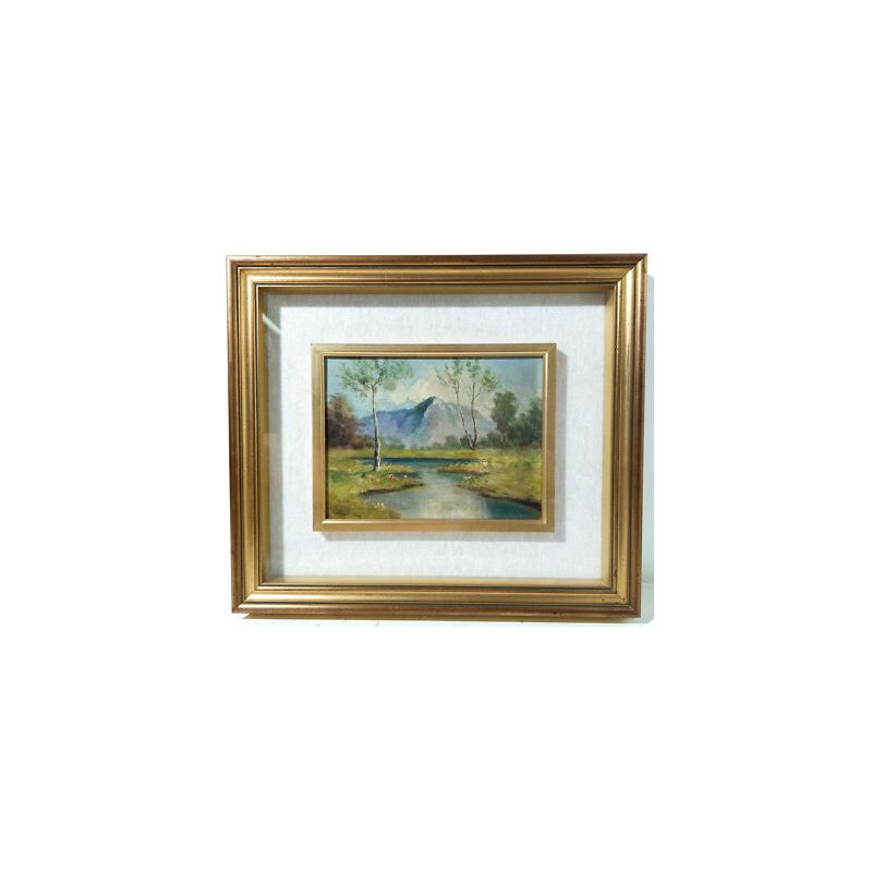 ANTICO DIPINTO FIRMATO MELCHIORRE PAESAGGIO MONTE FIUME QUADRO OLIO TAVOLA EPOCA