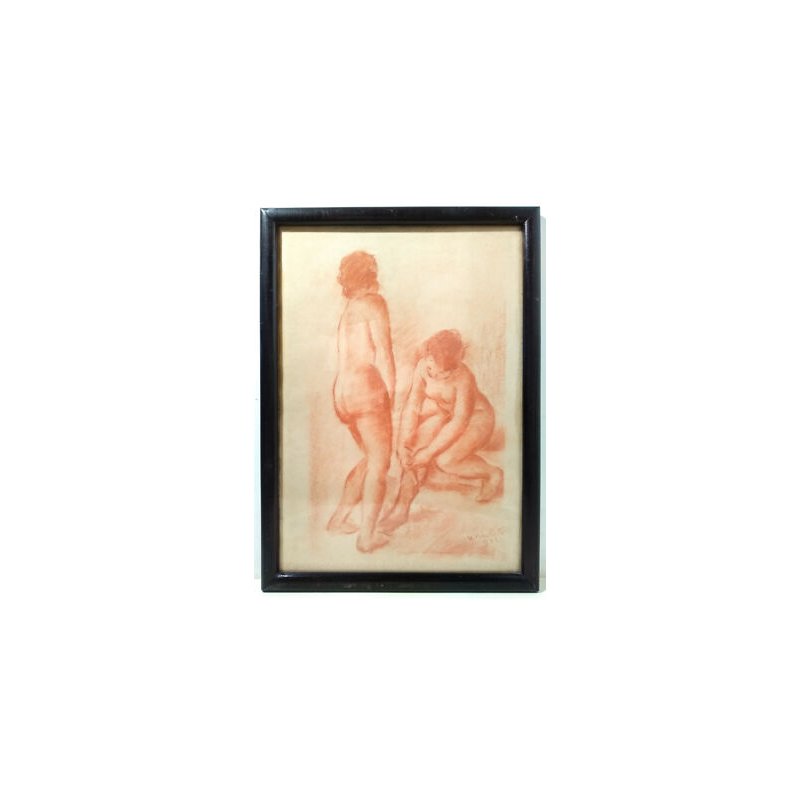ANTICO QUADRO SANGUIGNA VINCENZO NICOLETTI NUDO DONNA NUDI DIPINTO EPOCA 1932