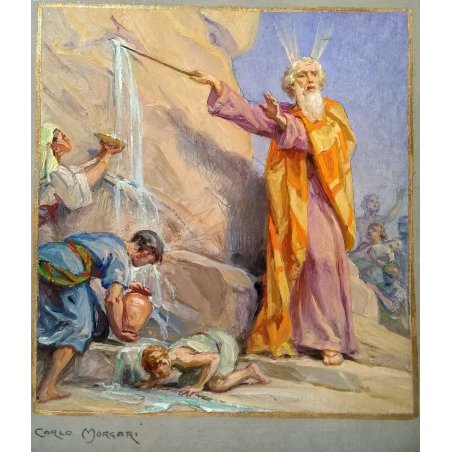 QUADRO CARLO MORGARI MOSÈ ACQUE DI MERIBA DIPINTO OLIO TAVOLA CORNICE EPOCA 1950
