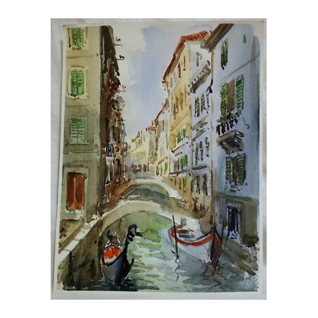 DIPINTO ACQUERELLO Antonello Zecca PAESAGGIO VENEZIA SCORCIO RIO CANALE GONDOLE