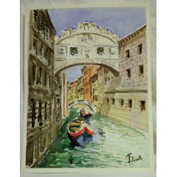 DIPINTO A. Zecca ACQUERELLO PAESAGGIO VEDUTA VENEZIA SCORCIO PONTE DEI SOSPIRI