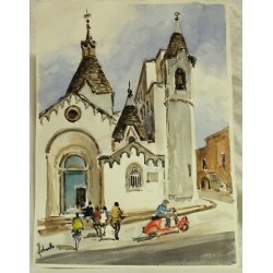 DIPINTO ACQUERELLO A. Zecca PAESAGGIO VEDUTA Alberobello CHIESA Sant' Antonio