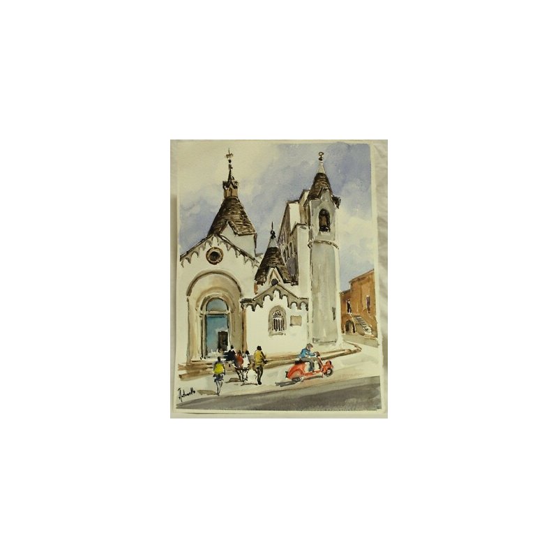 DIPINTO ACQUERELLO A. Zecca PAESAGGIO VEDUTA Alberobello CHIESA Sant' Antonio