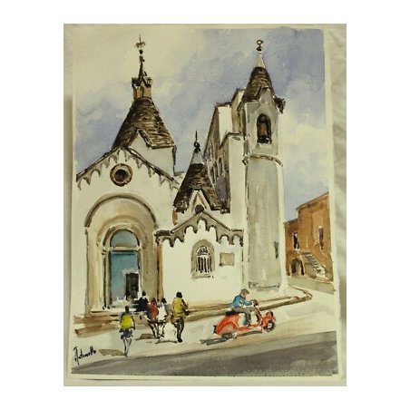 DIPINTO ACQUERELLO A. Zecca PAESAGGIO VEDUTA Alberobello CHIESA Sant' Antonio