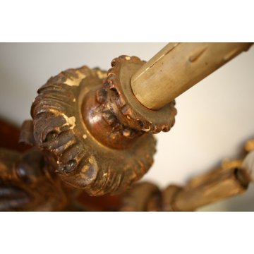 ANTICO CANDELABRO BAROCCO A TRE LUMI LEGNO SCOLPITO GESSATO DORATO ELETTRIFICATO