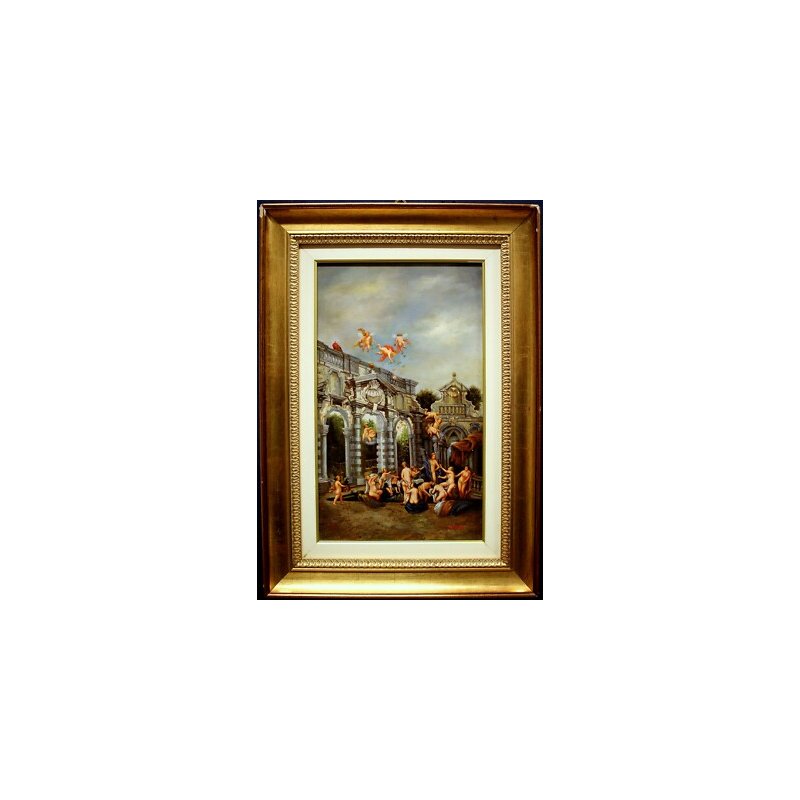 QUADRO DIPINTO Baraldi OLIO TAVOLA PUTTI MONUMENTO NEOCLASSICO DAME BAGNI TERME