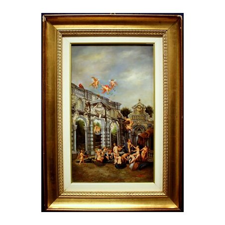 QUADRO DIPINTO Baraldi OLIO TAVOLA PUTTI MONUMENTO NEOCLASSICO DAME BAGNI TERME