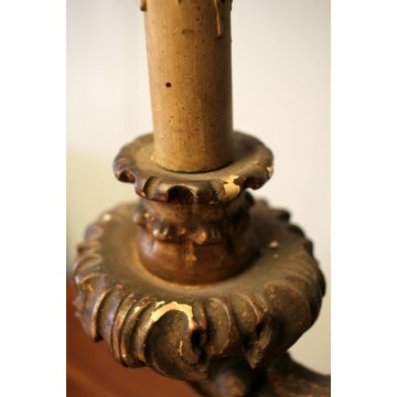 ANTICO CANDELABRO BAROCCO A TRE LUMI LEGNO SCOLPITO GESSATO DORATO ELETTRIFICATO