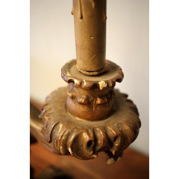 ANTICO CANDELABRO BAROCCO A TRE LUMI LEGNO SCOLPITO GESSATO DORATO ELETTRIFICATO