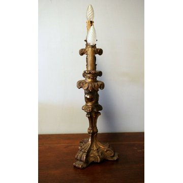 ANTICO CANDELABRO BAROCCO A TRE LUMI LEGNO SCOLPITO GESSATO DORATO ELETTRIFICATO