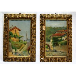 ANTICHI QUADRI OLIO CARTONE Comaschi Paesaggi FIUME PONTE FERROVIA 1929 VIA CASE