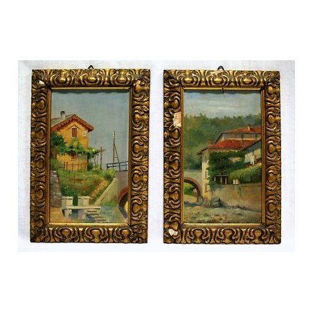 ANTICHI QUADRI OLIO CARTONE Comaschi Paesaggi FIUME PONTE FERROVIA 1929 VIA CASE