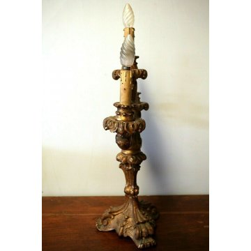 ANTICO CANDELABRO BAROCCO A TRE LUMI LEGNO SCOLPITO GESSATO DORATO ELETTRIFICATO