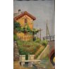 ANTICHI QUADRI OLIO CARTONE Comaschi Paesaggi FIUME PONTE FERROVIA 1929 VIA CASE
