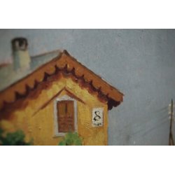 ANTICHI QUADRI OLIO CARTONE Comaschi Paesaggi FIUME PONTE FERROVIA 1929 VIA CASE