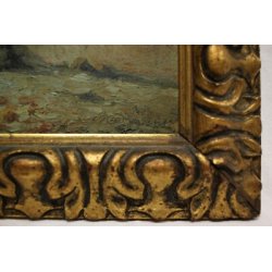 ANTICHI QUADRI OLIO CARTONE Comaschi Paesaggi FIUME PONTE FERROVIA 1929 VIA CASE