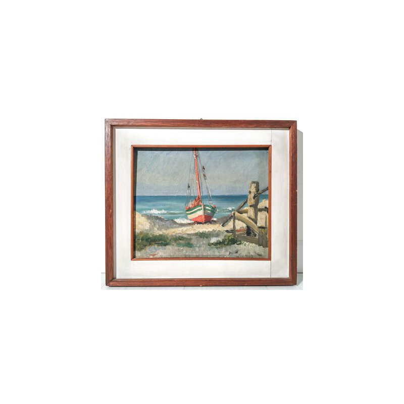 ANTICO DIPINTO BARCA SPIAGGIA MARINA MARE PAESAGGIO QUADRO OLIO TAVOLA EPOCA 900