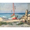 ANTICO DIPINTO BARCA SPIAGGIA MARINA MARE PAESAGGIO QUADRO OLIO TAVOLA EPOCA 900