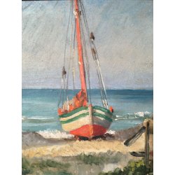 ANTICO DIPINTO BARCA SPIAGGIA MARINA MARE PAESAGGIO QUADRO OLIO TAVOLA EPOCA 900