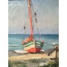 ANTICO DIPINTO BARCA SPIAGGIA MARINA MARE PAESAGGIO QUADRO OLIO TAVOLA EPOCA 900