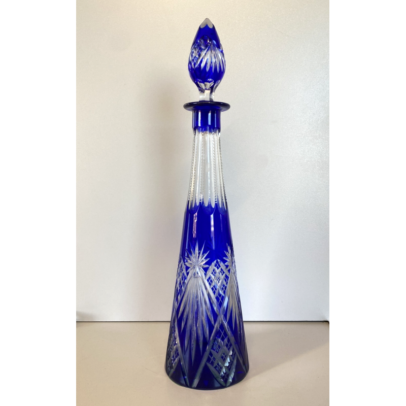 Bottiglia CRYSTAL DECANTER BOHEMIA BLU COBALTO DECORO CUT to CLEAR GEOMETRICO