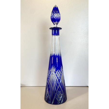 Bottiglia CRYSTAL DECANTER BOHEMIA BLU COBALTO DECORO CUT to CLEAR GEOMETRICO