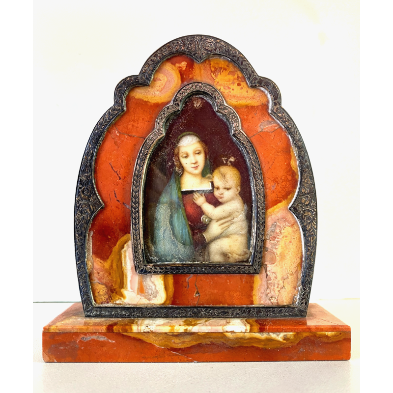 MINIATURA RITRATTO MADONNA BAMBINO CELLULOIDE CORNICE PIETRA DURA ARGENTO