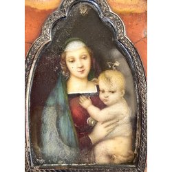 MINIATURA RITRATTO MADONNA BAMBINO CELLULOIDE CORNICE PIETRA DURA ARGENTO