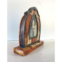 MINIATURA RITRATTO MADONNA BAMBINO CELLULOIDE CORNICE PIETRA DURA ARGENTO