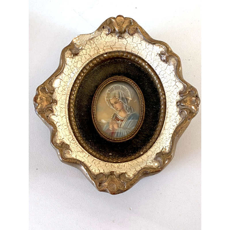 MINIATURA RITRATTO VERGINE MARIA in PREGHIERA CORNICE LEGNO VELLUTO